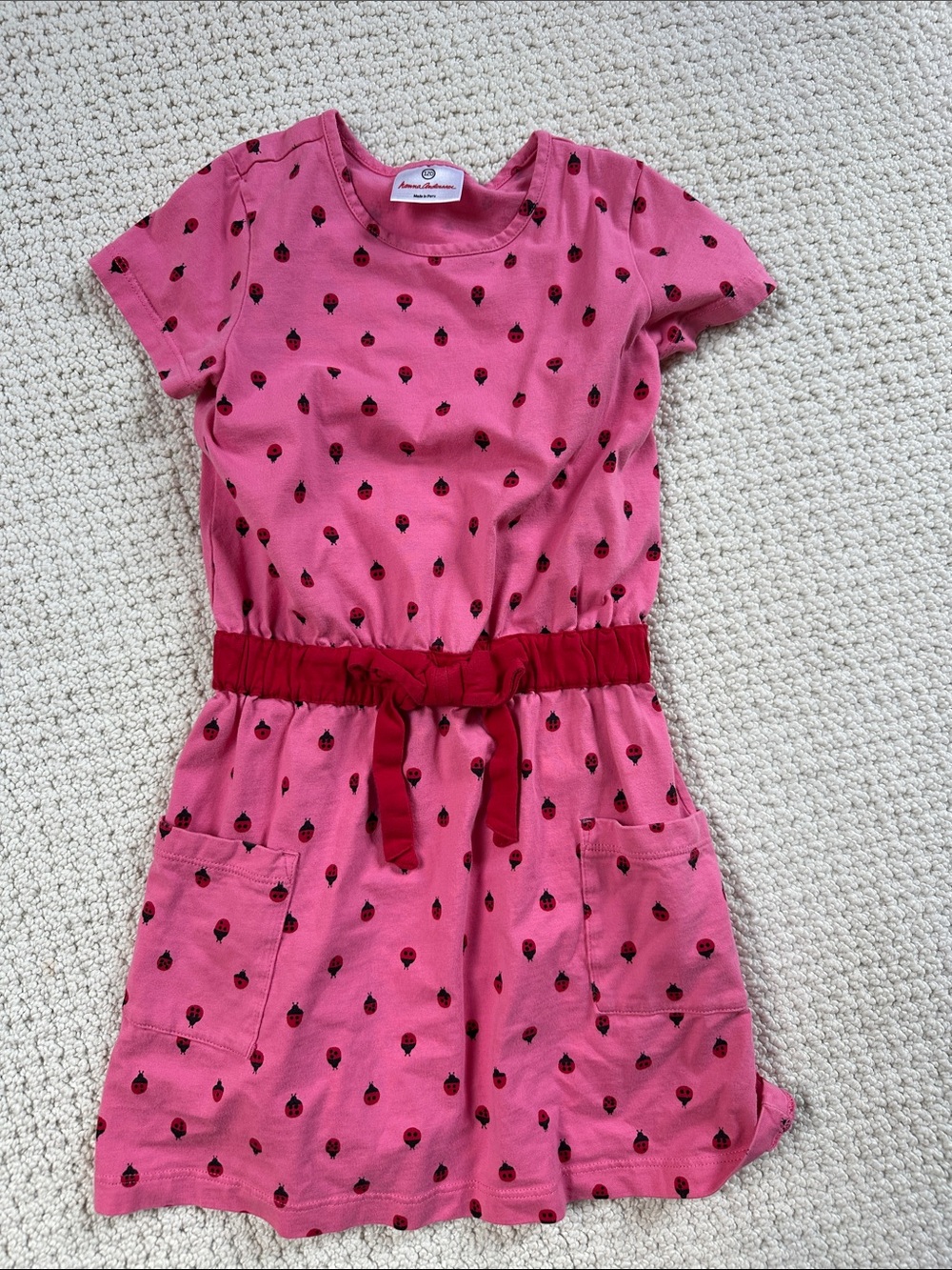 Hanna Anderson Pink ladybug 🐞 Kids' Short Sleeve Dress with Red Belt